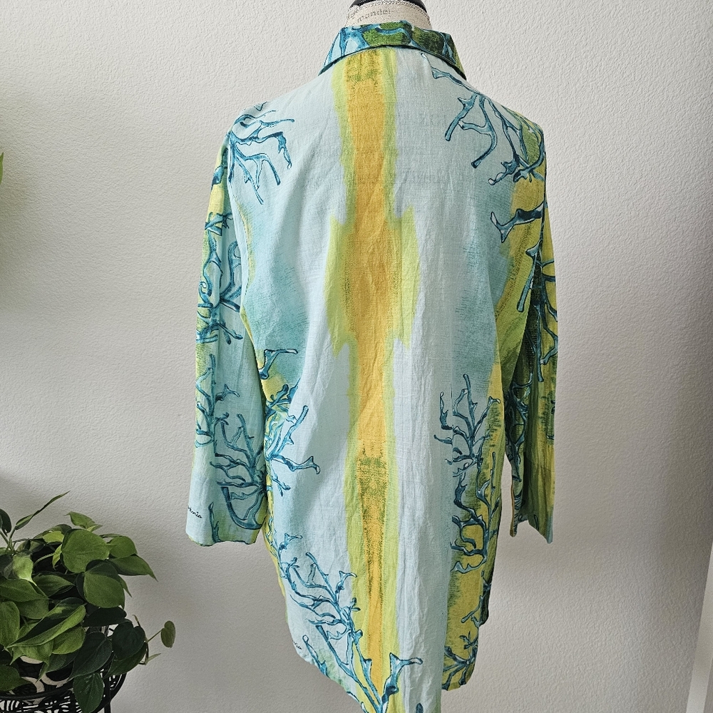 Antica Sartoria by Giacomo Cinque Tunic Shirt L Large Green Blue Coral Print - Picture 4 of 12